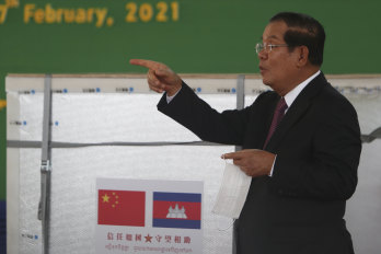 Cambodia Prime Minister Hun Sen at a handover ceremony of Chinese vaccines.