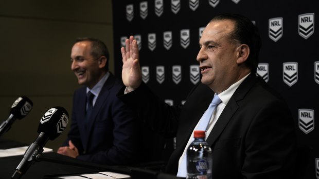 NRL chief executive Andrew Abdo (left) and Peter V’landys announced the NRL grand final will be played in Sydney.