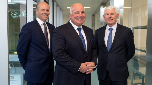 CSL chief executive Paul Perreault (L), with incoming chief executive Dr McKenzie (centre) and company chair Brian McNamee.