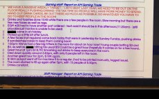A screenshot of the "gaming daily briefing sheet" at a Woolworths-owned pub shows notes taken by staff to record what actions they took to encourage gamblers to stay on site.
