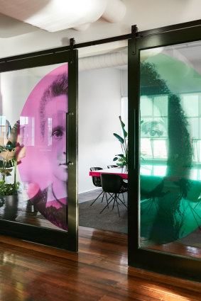 The architects’ brief included integrating the company’s corporate colours,apple green and a soft fuschia pink.