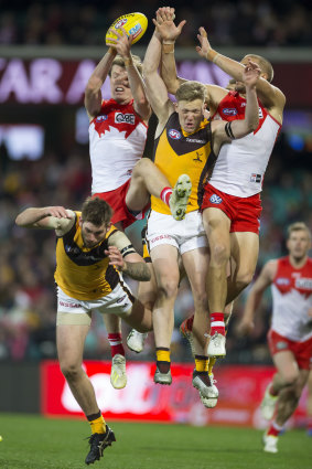 On the rise: Nick Blakey's impressive AFL rookie season continued on Friday night with a final-quarter display that helped Sydney edge Hawthorn.