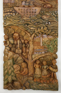Detail of Carved Wood Panel called 'My Life' by Eva Schubert, 1996. 
