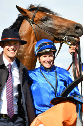 Trainer James Cummings and jockey James McDonald with Anamoe after his win in the Might And Power Stakes.