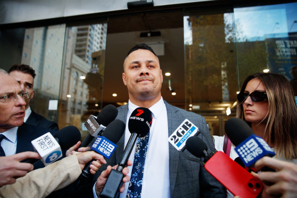 Jarryd Hayne outside the John Maddison Tower on Tuesday.