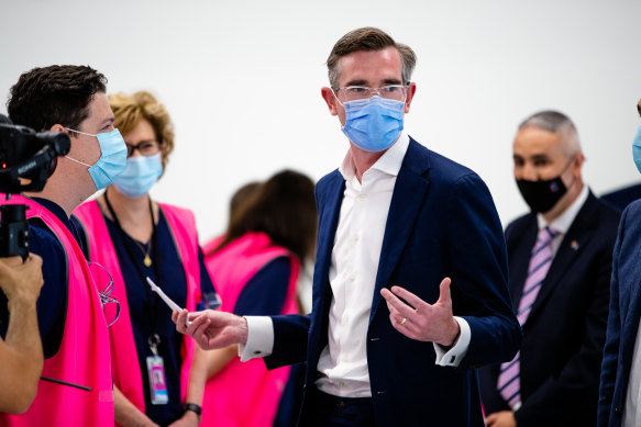 NSW Premier Dominic Perrottet at the new Granville Centre vaccination clinic on Sunday.