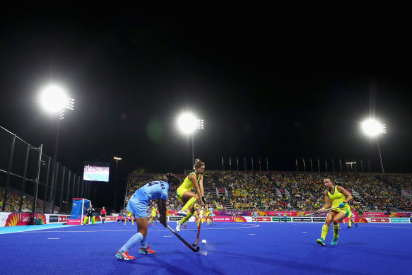 Australia v India hockey at the Gold Coast Hockey Centre during the 2018 Commonwealth Games.