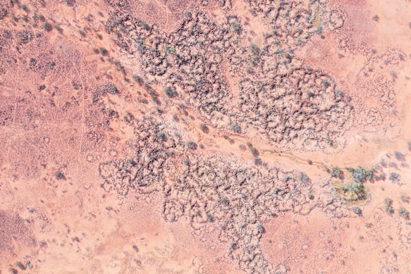 An aerial view of Mithaka quarries, one of which is the largest in the world created by a pre-agriculture society.