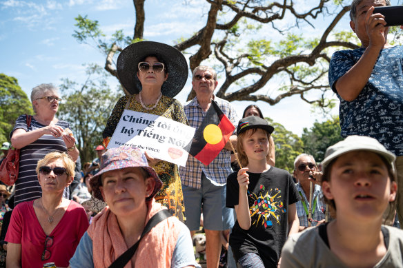 Hundreds of people gathered at Petersham Park to hear Prime Minister Anthony Albanese speak about the Voice to parliament.