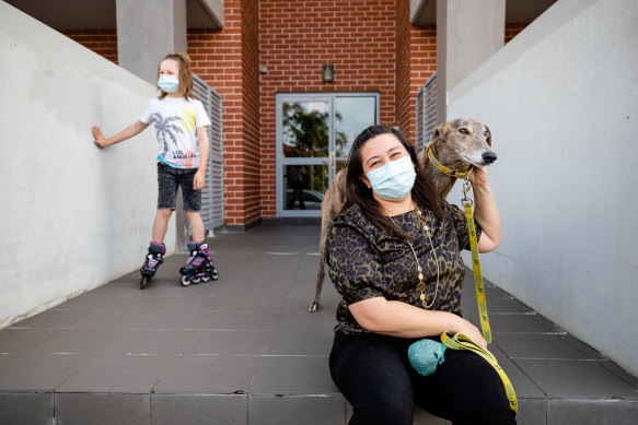 Jayda and her son Liam with their rescue dog Wombat.