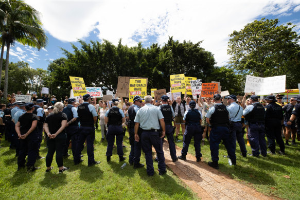 A barricade blocked protesters from seeing Scott Morrison.