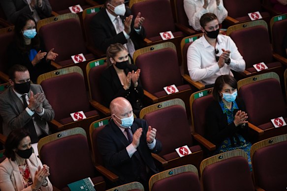 Shane Fitzsimmons in the audience, seated near Premier Gladys Berejikilian at the Sydney Conservatorium of Music on Monday.
