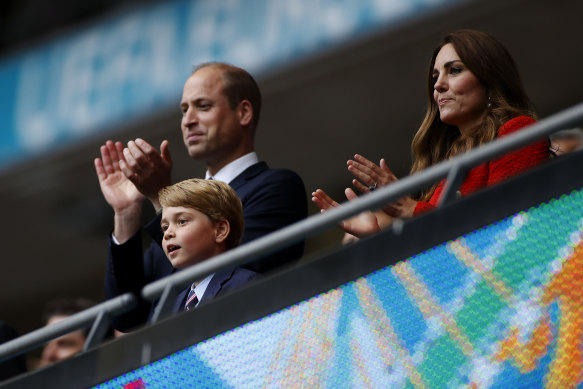 The Duchess of Cambridge alongside Prince William, President of the Football Association at Prince George at the UEFA Euro 2020 Championship Round of 16 match between England and Germany at Wembley Stadium on June 29.