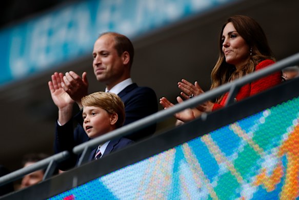 The Duchess of Cambridge alongside Prince William, President of the Football Association at Prince George at the UEFA Euro 2020 Championship Round of 16 match between England and Germany at Wembley Stadium on June 29.