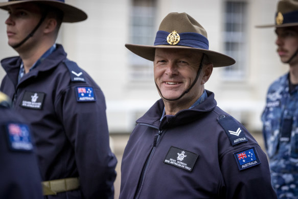 RAAF Corporal Dean Norman, pictured at rehearsal this week,  says marching in the Queen’s Jubilee pageant will be among the most exciting times in his life. 