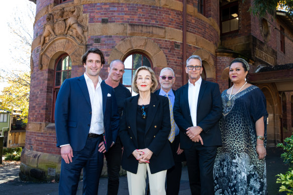 Museum proponents City of Sydney councillor Lyndon Gannon, former footballer Ian Roberts, ABC chair Ita Buttrose, Qtopia chair David Polson and chief executive Greg Fisher, and trans and gender diversity educator Katherine Wolfgramme outside the historic Darlinghurst police station in May last year.