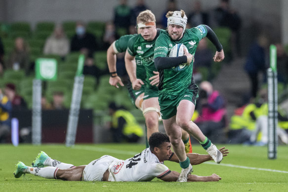 Mack Hansen surging down the wing for Connacht.