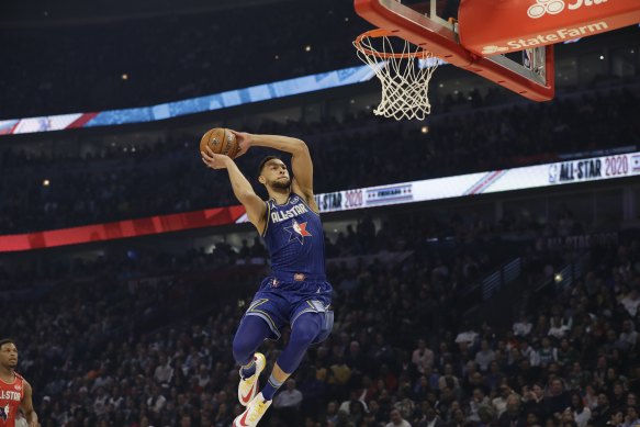 Ben Simmons of Team LeBron dunks during the NBA All-Star game in Chicago.