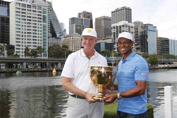 Ernie Els, left, and Tiger Woods, right, in Melbourne ahead of the Presidents Cup.  