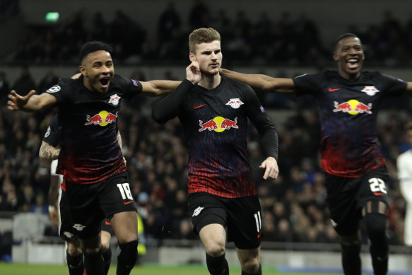 Leipzig's Timo Werner (centre) celebrates after scoring against Tottenham in the Champions League.