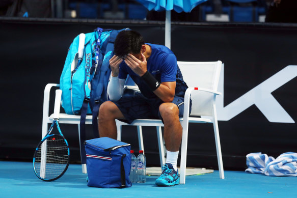 Japan’s Yuichi Sugita after retiring from his men’s singles match due to injury. 