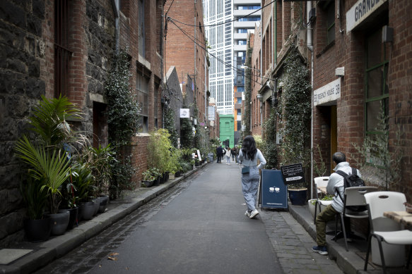 Guildford Lane near Melbourne Central has been the most successful of the four pilot laneways and features in promotional material for the City of Melbourne. 