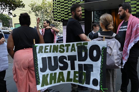 In February, people protested outside Creative Australia offices after artist Khaled Sabsabi was removed as the Australian representative for 2026 Venice Biennale.