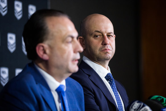 Todd Greenberg (right) and Peter V'landys did not see eye to eye at the end of the former's tenure at the NRL.