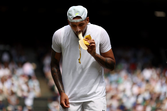 Nick Kygrios eats a banana during his 2022 Wimbledon final against Novak Djokovic.