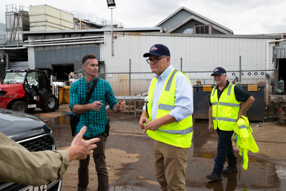 Scott Morrison visits the flooded Norco factory in South Lismore.