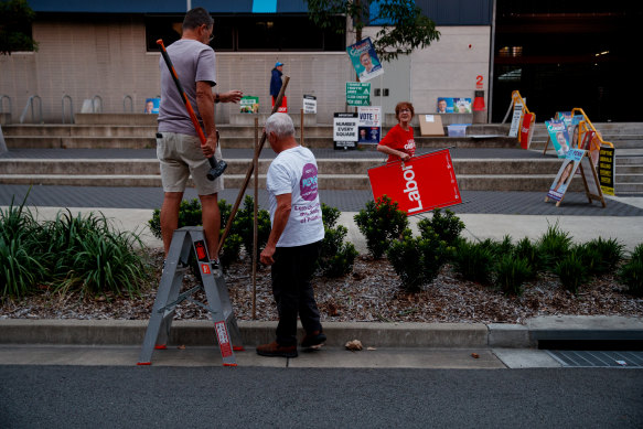 People set up signage outside a north shore polling station this morning.  