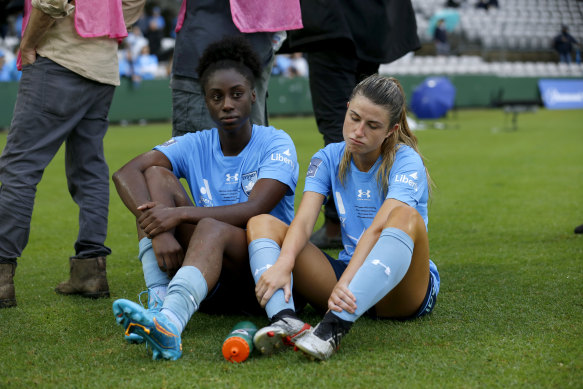 Charlotte Mclean (right) with Princess Ibini after last season’s A-League Women grand final, which Sydney FC lost to Melbourne Victory.