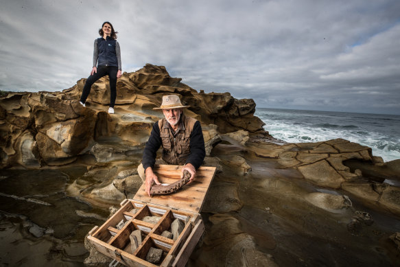 Paleontologist Mike Cleeland and Bass Coast chief executive Ali Wastie at Shelley Beach, Kilcunda which will be one of the main stops on the dinosaur trail. 