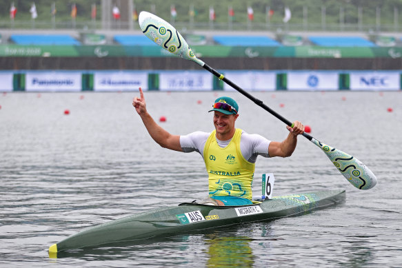 Curtis McGrath celebrates winning gold in Tokyo.