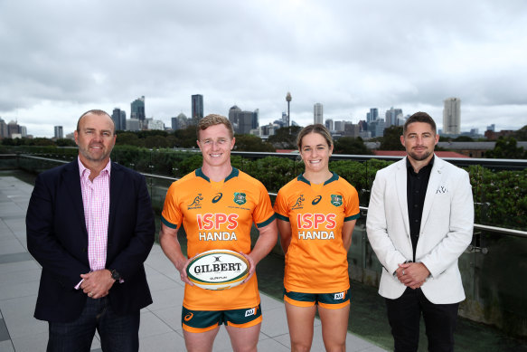 Rugby Australia CEO Andy Marinos, Australian sevens players Henry Hutchison and Dom Du Toit, and Chris Nay, CEO Wheelchair Rugby Australia, at the announcement of ISPS Handa as a sponsor.