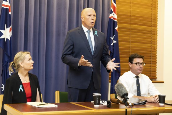 Opposition Leader Peter Dutton addressing a joint sitting of the Coalition partyroom earlier today. 