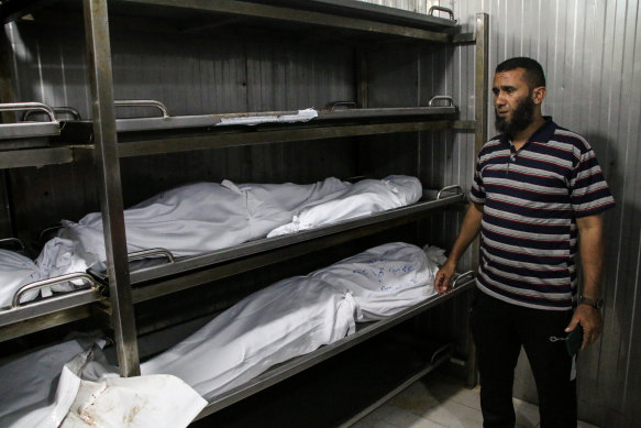 Bodies of Palestinians killed in an Israeli air strike are stored in Nasser Hospital in Khan Yunis in Gaza’s south. 