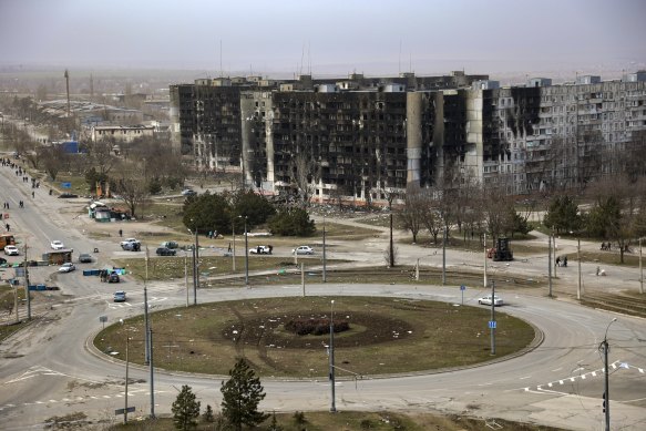 Damage is seen on apartment buildings after shelling from fighting on the outskirts of Mariupol, Ukraine.