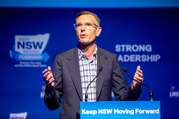 Premier Dominic Perrottet announcing the flagship policy at the Liberal Party’s election launch in western Sydney.