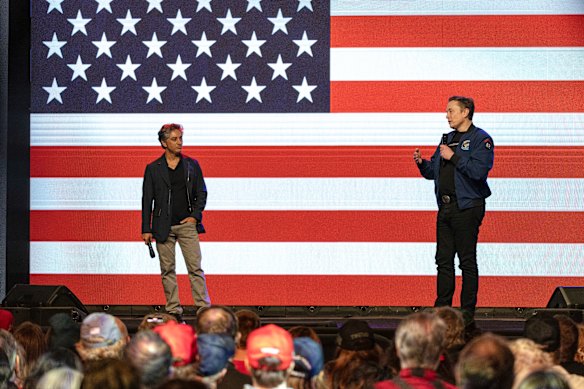 Gracias and Musk at a political event in Green Bay, Wisconsin in March 2025.