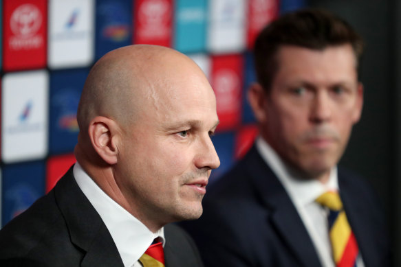 Matthew Nicks, left, at a Crows press conference on Tuesday. 