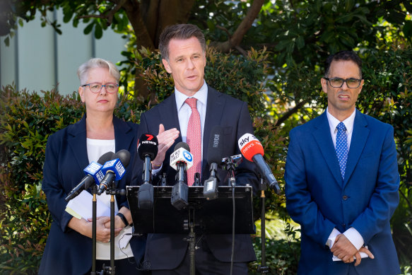 NSW Labor Leader Chris Minns with senior Labor upper house MPs Penny Sharpe and Daniel Mookhey, who led the inquiry.