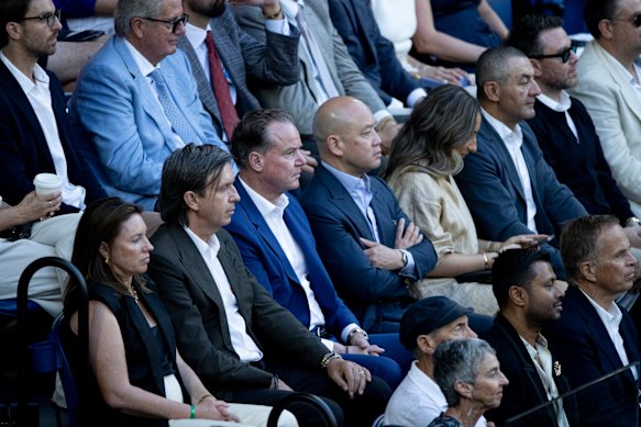 Andrew McConnell with wife Jo McGann, left, at the Australian Open Men’s Final in 2025.