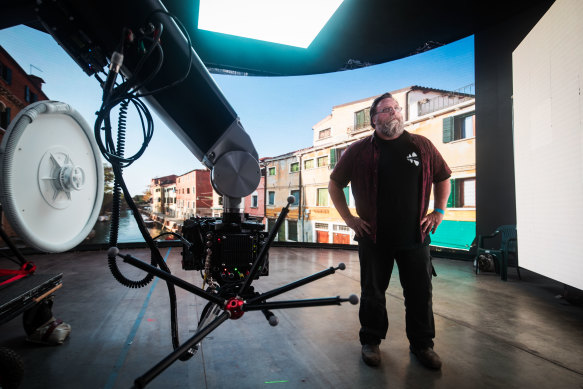 Filmmaker Clayton Jacobson in front of the LED wall that's a key part of the Dreamscreen system he's developing.