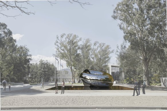 A digitally rendered image shows how Lindy Lee’s Ouroboros sculpture will look in the National Gallery of Australia garden.