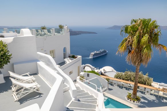 View of Oceania Riviera from Santorini’s soaring cliffs.
