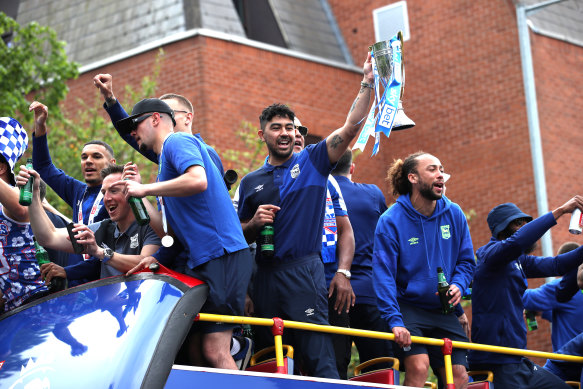 Massimo Luongo celebrates Ipswich Town’s Championship victory.