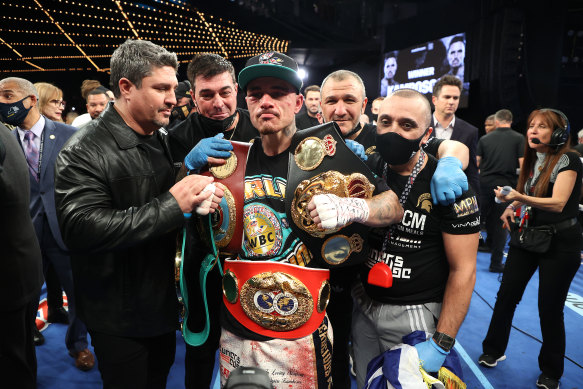 George Kambosos celebrates his split decision win against Teofimo Lopez.