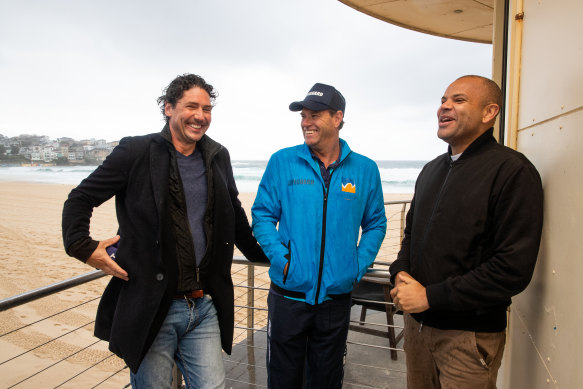 From left:  Chef Colin Fassnidge, lifeguard Bruce "Hoppo" Hopkins of Bondi Rescue and actor Luke Carroll are part of a video campaign against domestic violence.