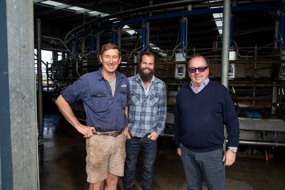From left: Tasmanian dairy farmer Richard Gardner, who trialled a Sea Forest supplement at his property, Sam Elsom and business partner Stephen Turner.